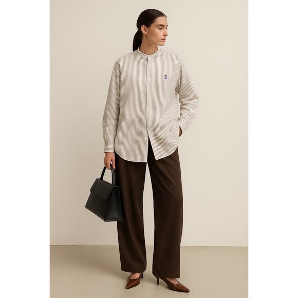 Polo Ralph Lauren Postboy Grandad Collar Oversized Button Down Brown Stripes M - Picture 1 of 8